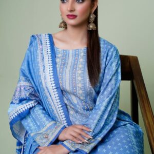Blue Printed Cotton Straight Suit Set With Dupatta