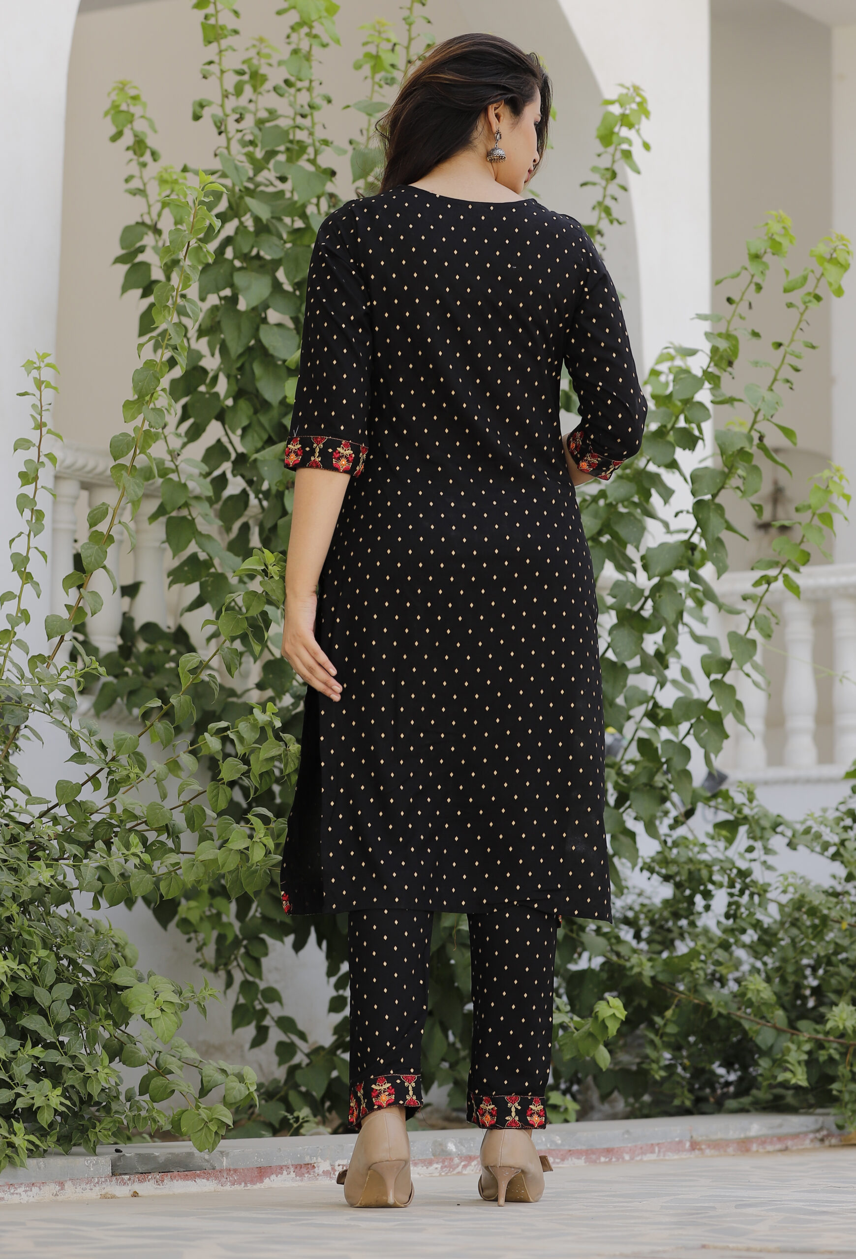 Black Printed Cotton Straight Suit Set With Dupatta - Image 6