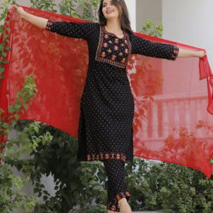 Black Printed Cotton Straight Suit Set With Dupatta