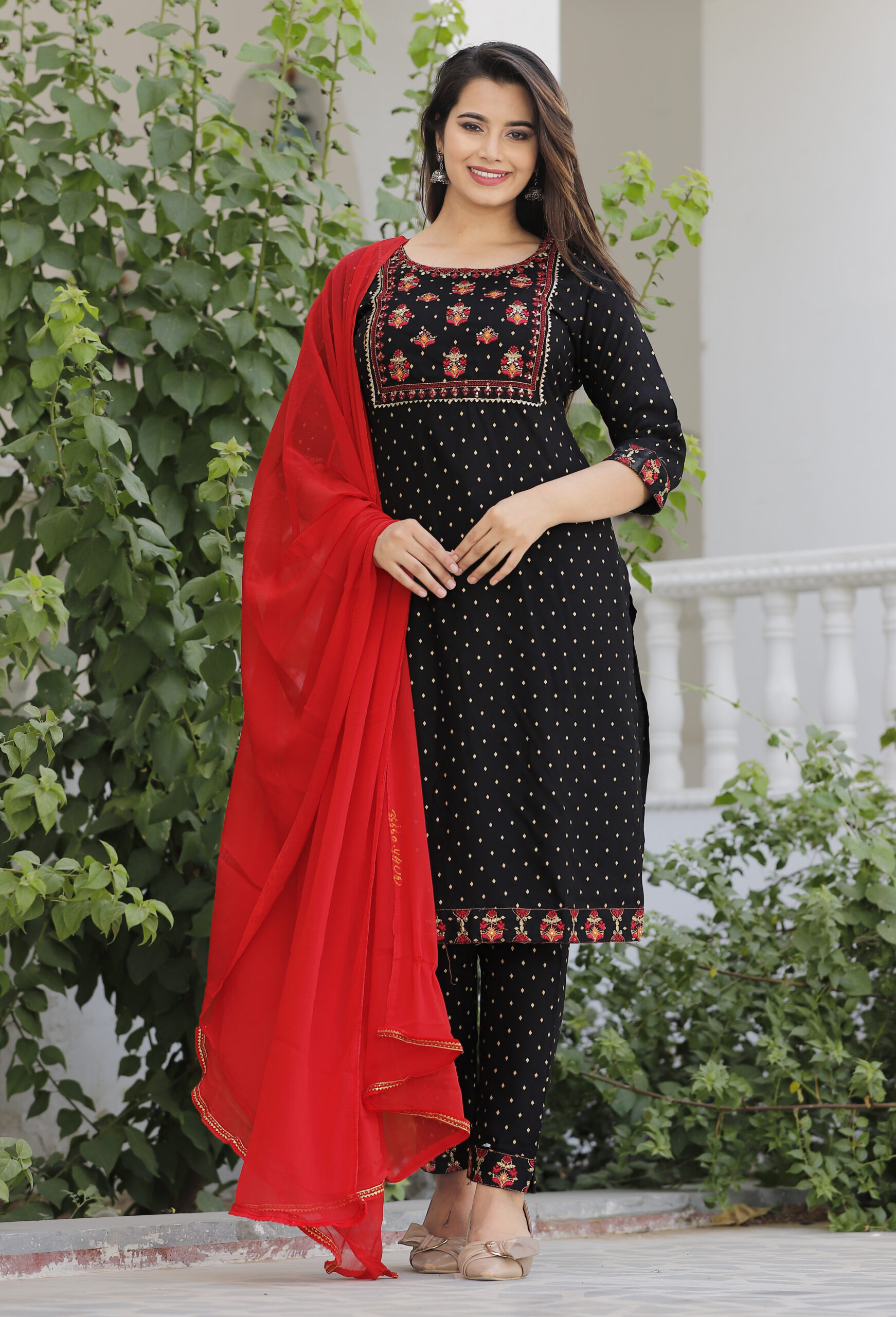 Black Printed Cotton Straight Suit Set With Dupatta - Image 4