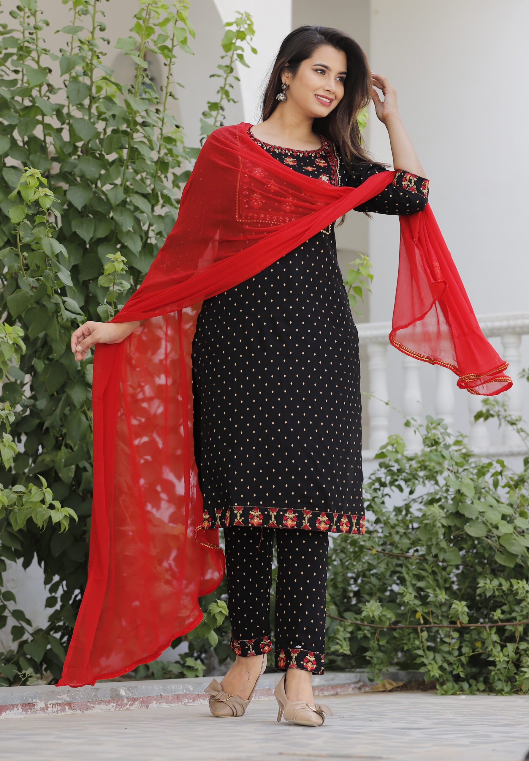 Black Printed Cotton Straight Suit Set With Dupatta - Image 3